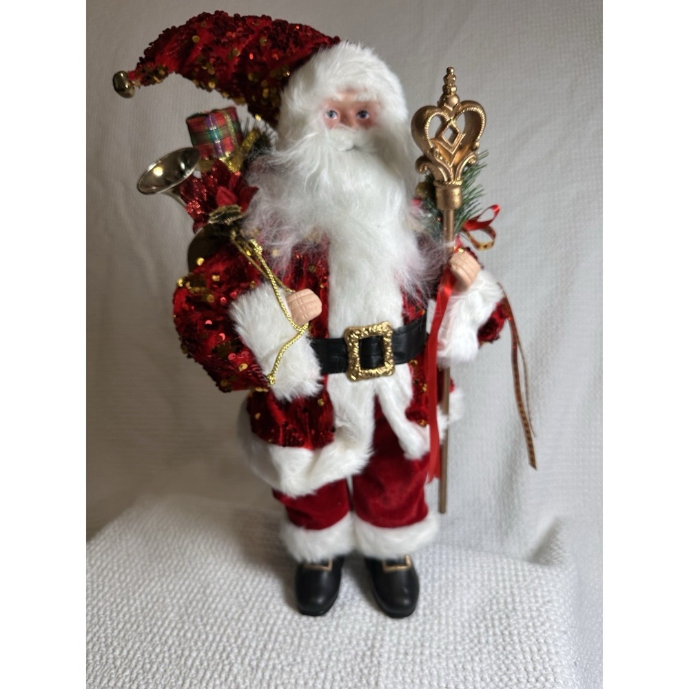 18" Decorative Santa Claus Figure Red Sequin Coat Staff Christmas Shelf Decor